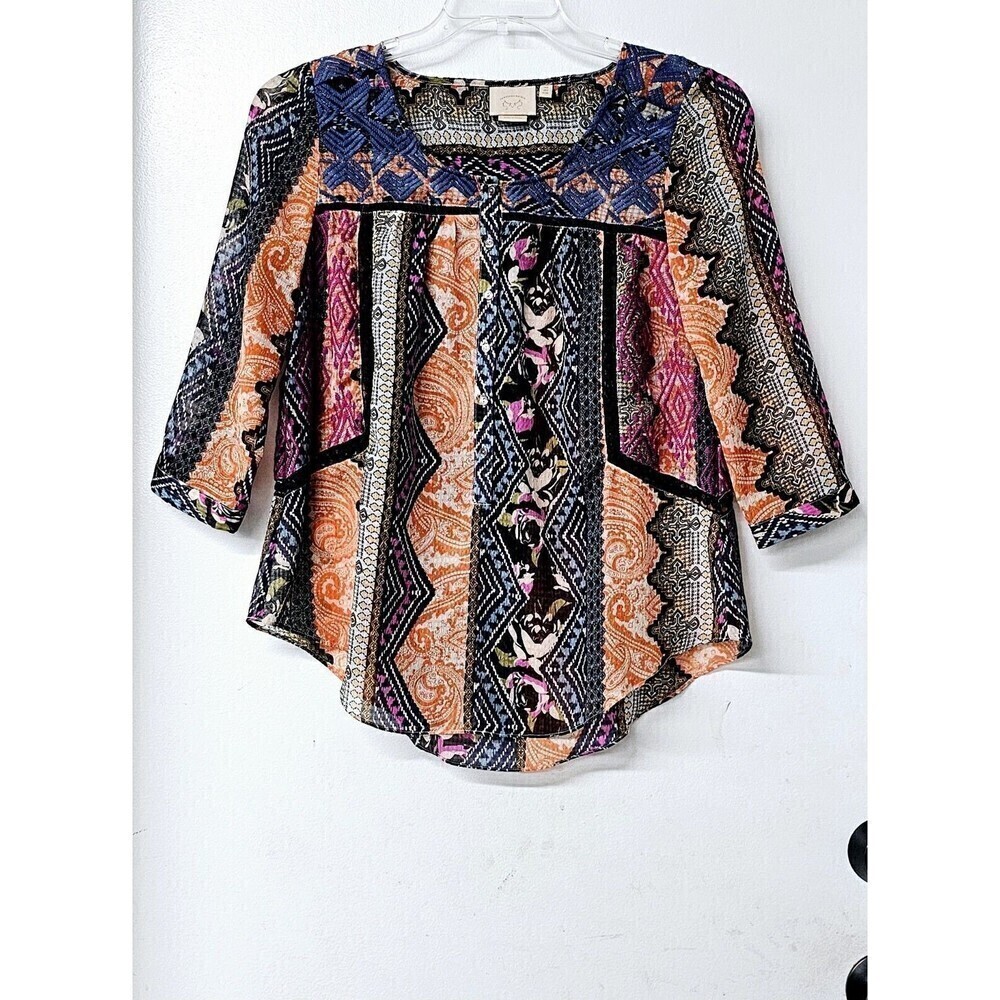 ANTHROPOLOGY Vanessa Virginia Embroidered Boho Long Sleeve Pullover Women Shirt
